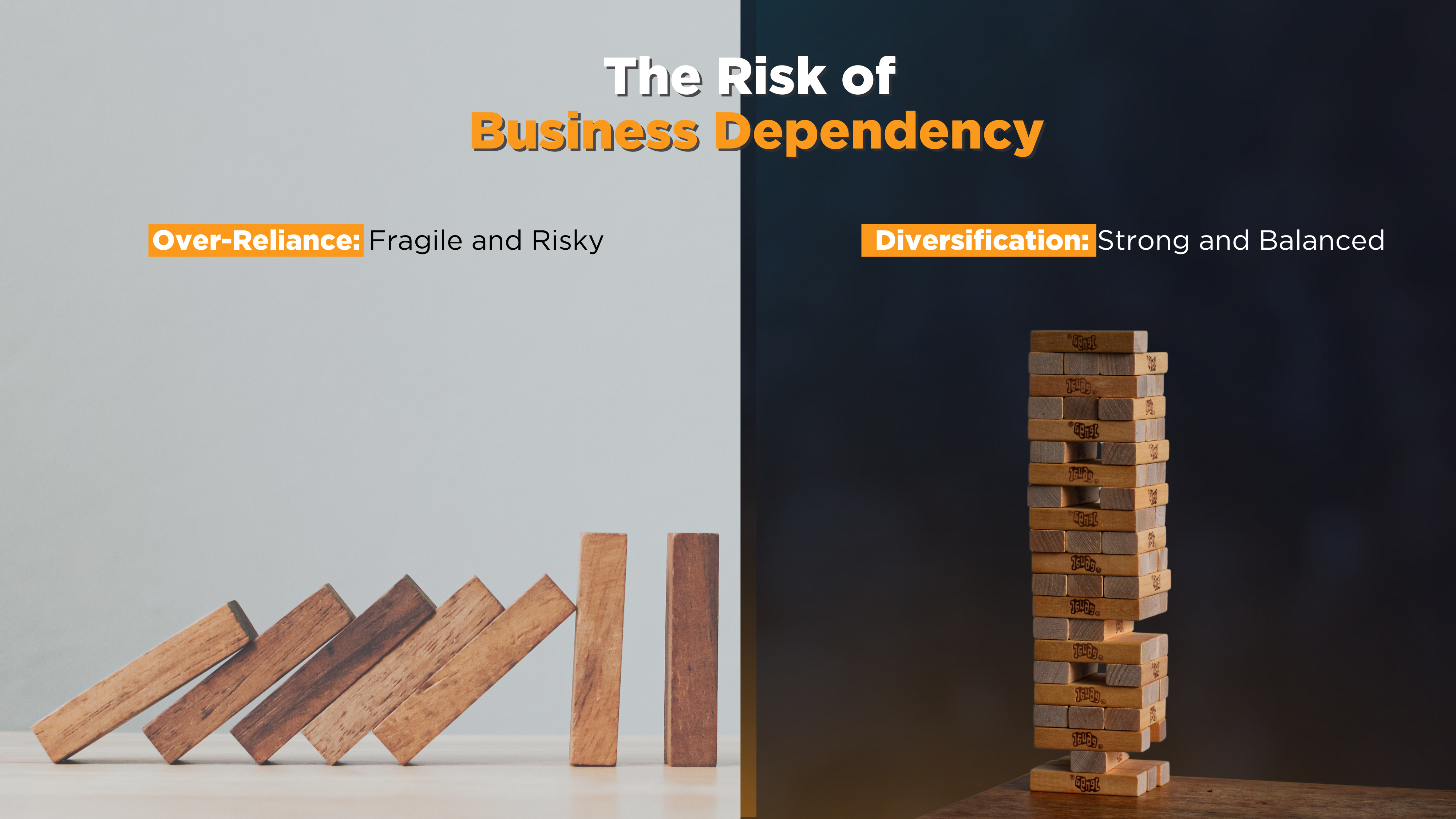 A comparison diagram showcasing business risks of over-reliance: a leaning tower symbolizing dependency versus a balanced, stable structure representing diversified and resilient operations